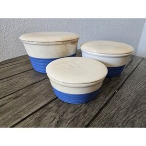 Vintage 1940 Universal Potteries Blue Ringware Nesting Mixing Bowl Set 3pc w Lid